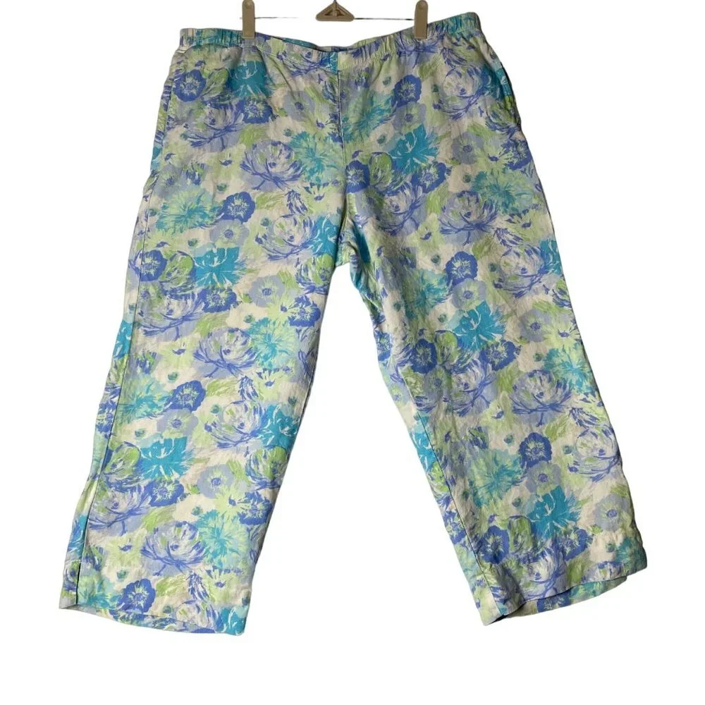 J. Jill Women 100%‎ Linen Green Blue Floral Cropped Pockets Pants Sz Large